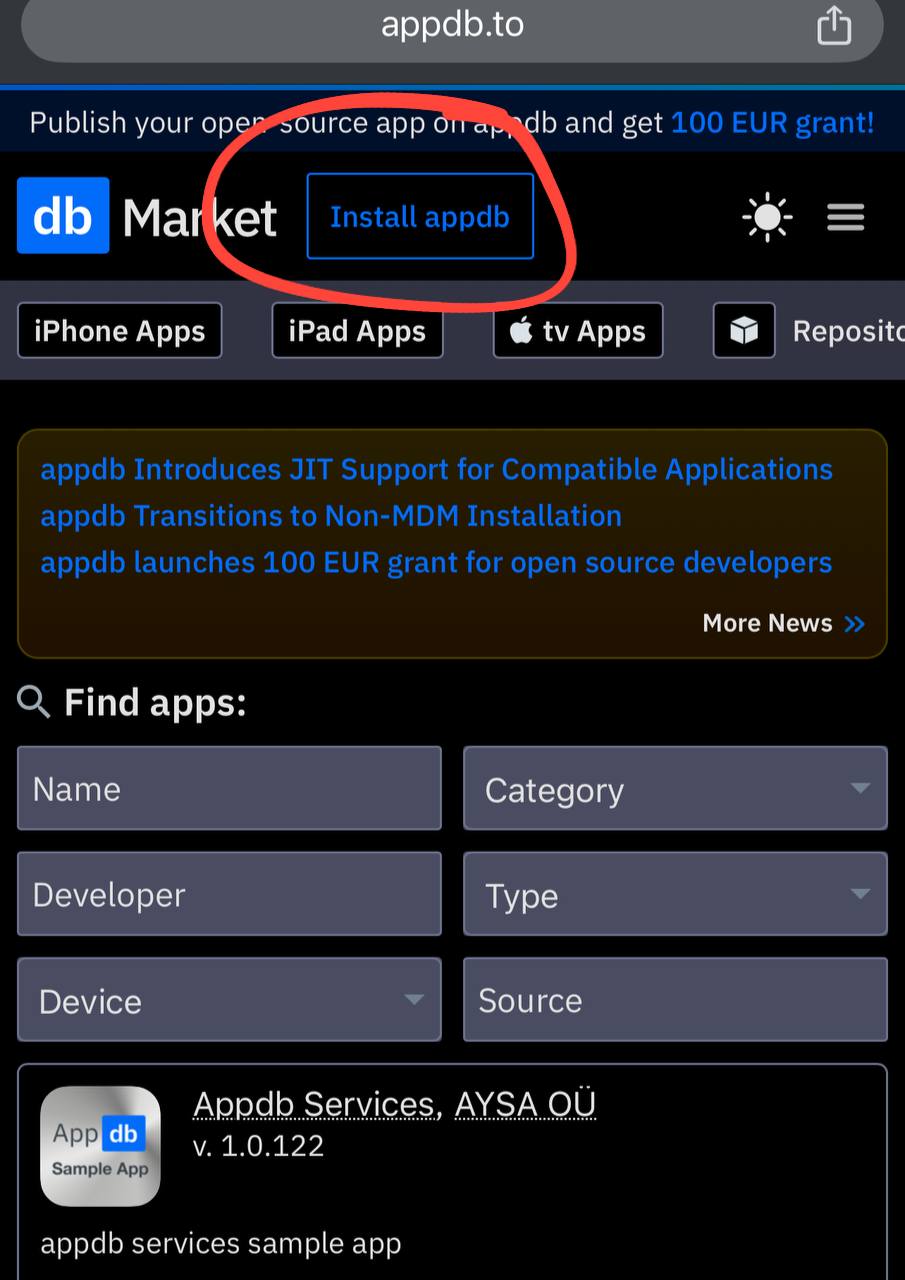 Install AppDB button
